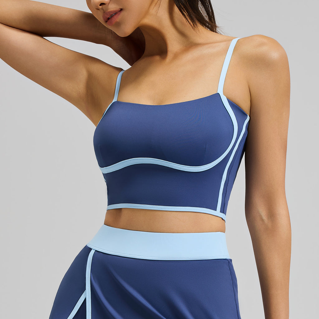 GOGOGEQ Contrast Piping Adjustable Strap Sports Crop Top For Women, Built In Padded Workout Camisole Tank