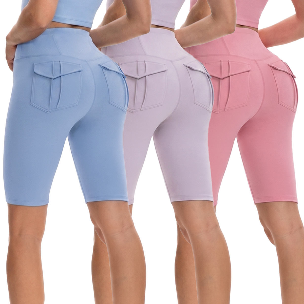 GOGOGEQ High Waist Biker Shorts For Women, Fake Flap Back Pockets Stretch Workout Cycling Shorts