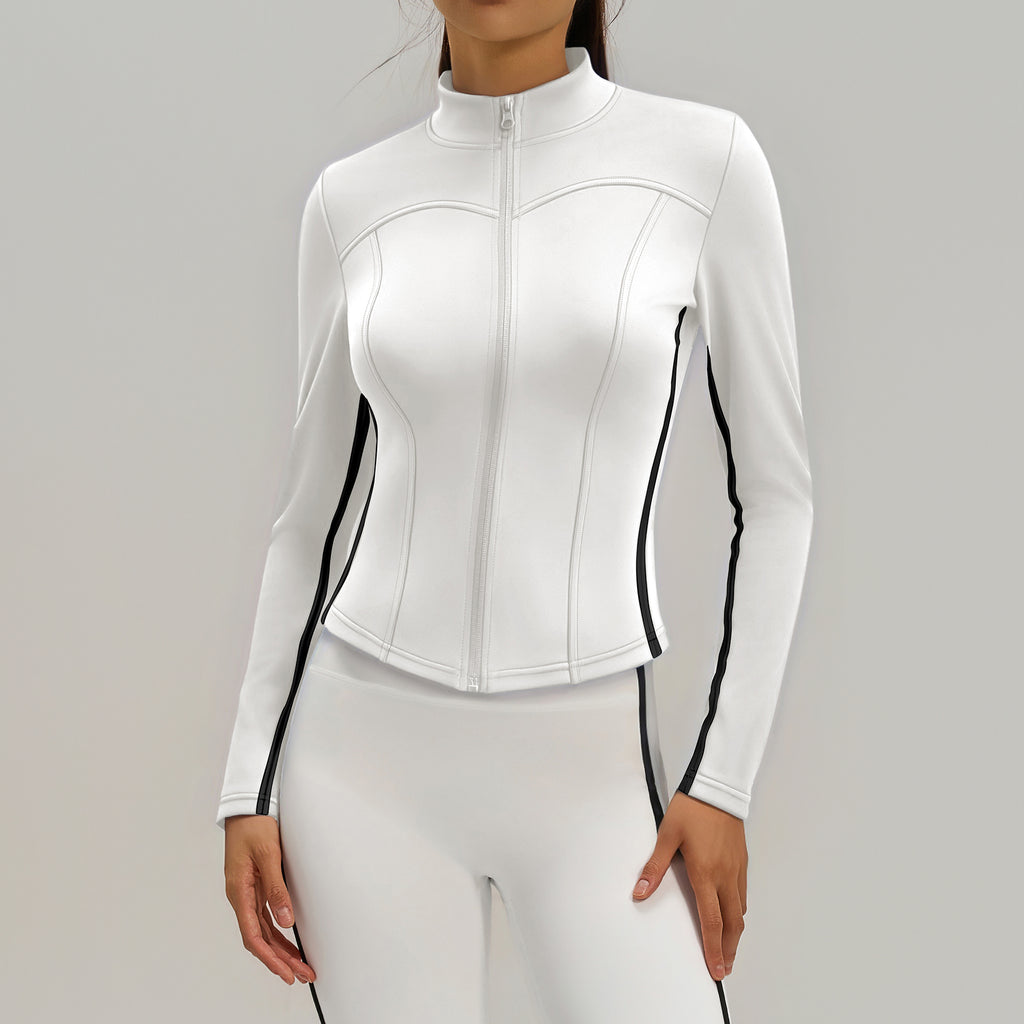 RAIDADA Side Stripe Zip Up Athletic Jacket, Stand Collar Long Sleeve Slim Fit Workout Top For Women, For Yoga Gym Running Training