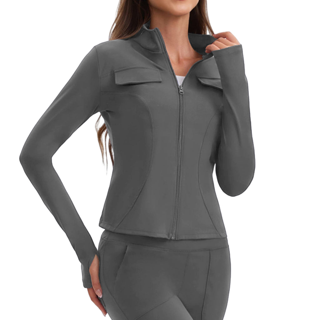 GOGOGEQ Full Zip Stand Collar Workout Jacket With Thumbholes, Pocket Slim Athletic Top For Yoga Gym Running Hiking
