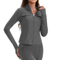 GOGOGEQ Full Zip Stand Collar Workout Jacket With Thumbholes, Pocket Slim Athletic Top For Yoga Gym Running Hiking
