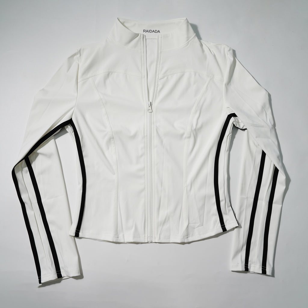 RAIDADA Side Stripe Zip Up Athletic Jacket, Stand Collar Long Sleeve Slim Fit Workout Top For Women, For Yoga Gym Running Training