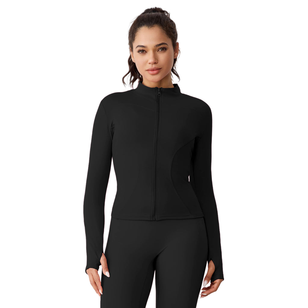 BUBUCAFT Full Zip Mock Neck Workout Jacket For Women, Slim Fit Long Sleeve Athletic Top With Thumbholes For Yoga Gym Running