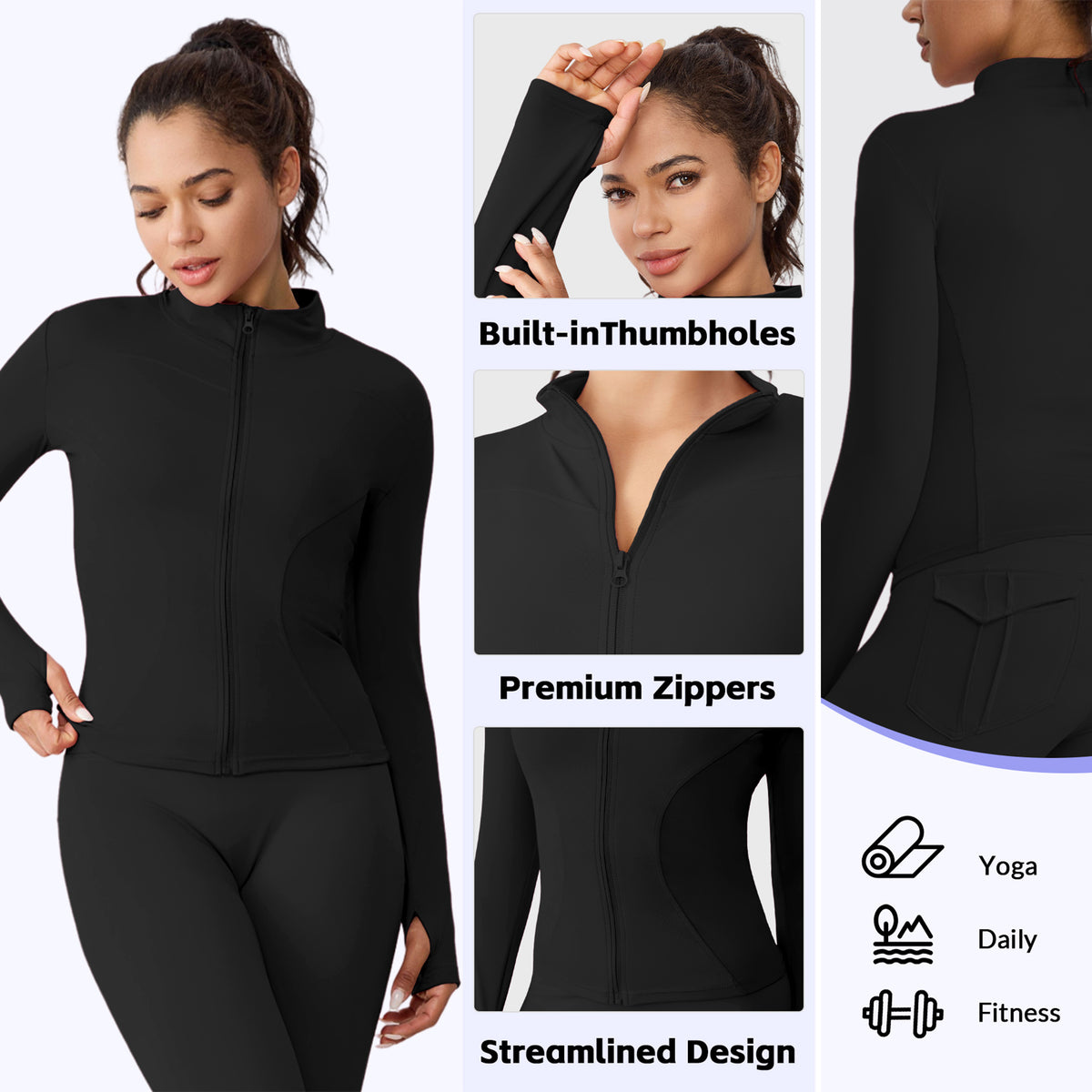 BUBUCAFT Full Zip Mock Neck Workout Jacket For Women, Slim Fit Long Sleeve Athletic Top With Thumbholes For Yoga Gym Running