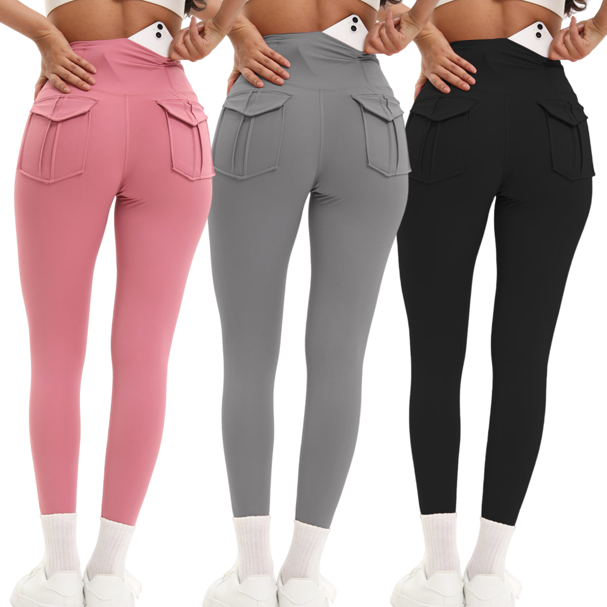 Shgiloo 3pcs/sets Workout Cargo Leggings with Pockets for Women Hidden Scrunch Butt Lifting Leggings Gym Yoga Pants