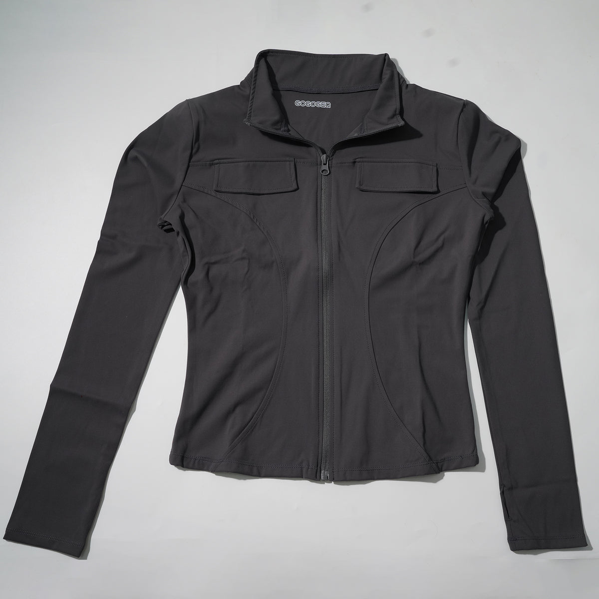 GOGOGEQ Full Zip Stand Collar Workout Jacket With Thumbholes, Pocket Slim Athletic Top For Yoga Gym Running Hiking
