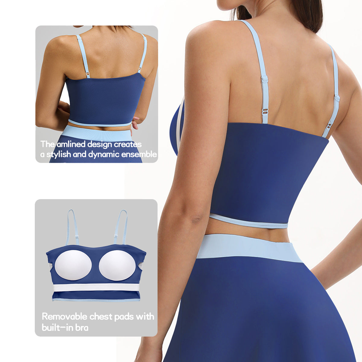 GOGOGEQ Contrast Piping Adjustable Strap Sports Crop Top For Women, Built In Padded Workout Camisole Tank