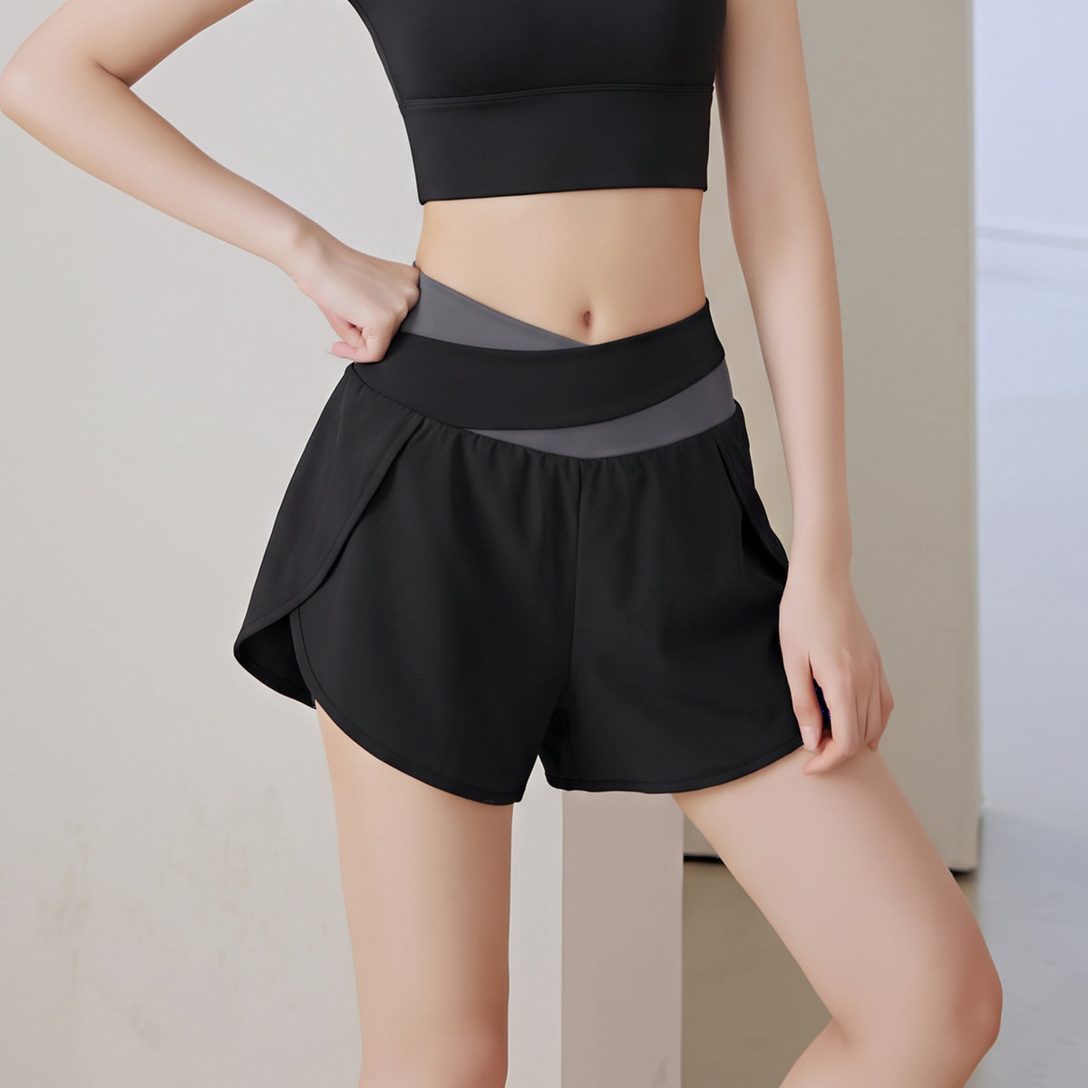 RAIDADA Cross Waist Color Block Athletic Shorts, 2 In 1 High Waist Workout Skort For Women, For Yoga Gym Running Training