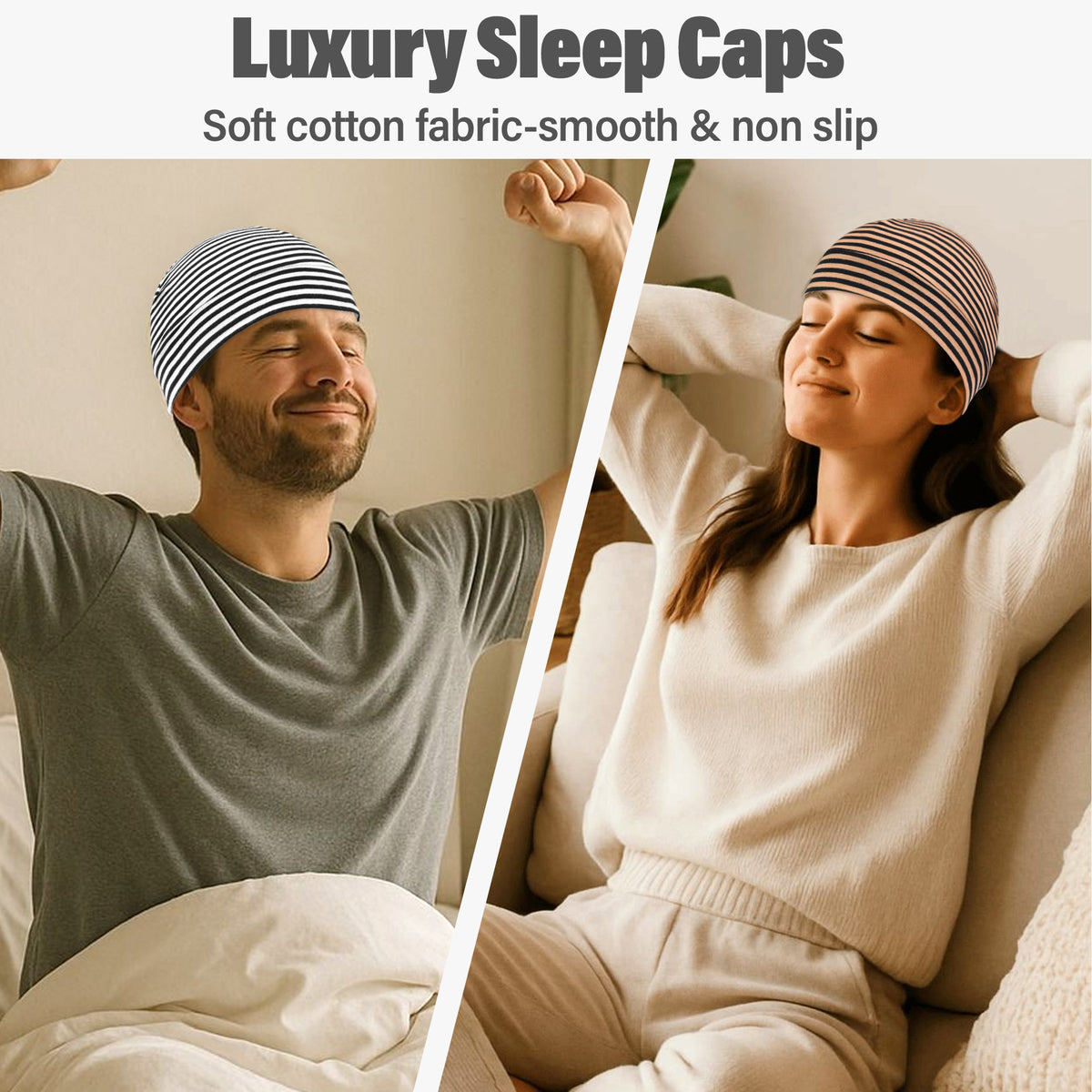BUBUCAFT Striped Soft Cotton Beanie Cap, Lightweight Stretch Head Wrap For Daily Sleeping Travel Outdoor