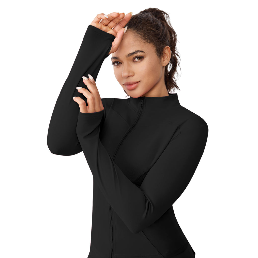 BUBUCAFT Full Zip Mock Neck Workout Jacket For Women, Slim Fit Long Sleeve Athletic Top With Thumbholes For Yoga Gym Running