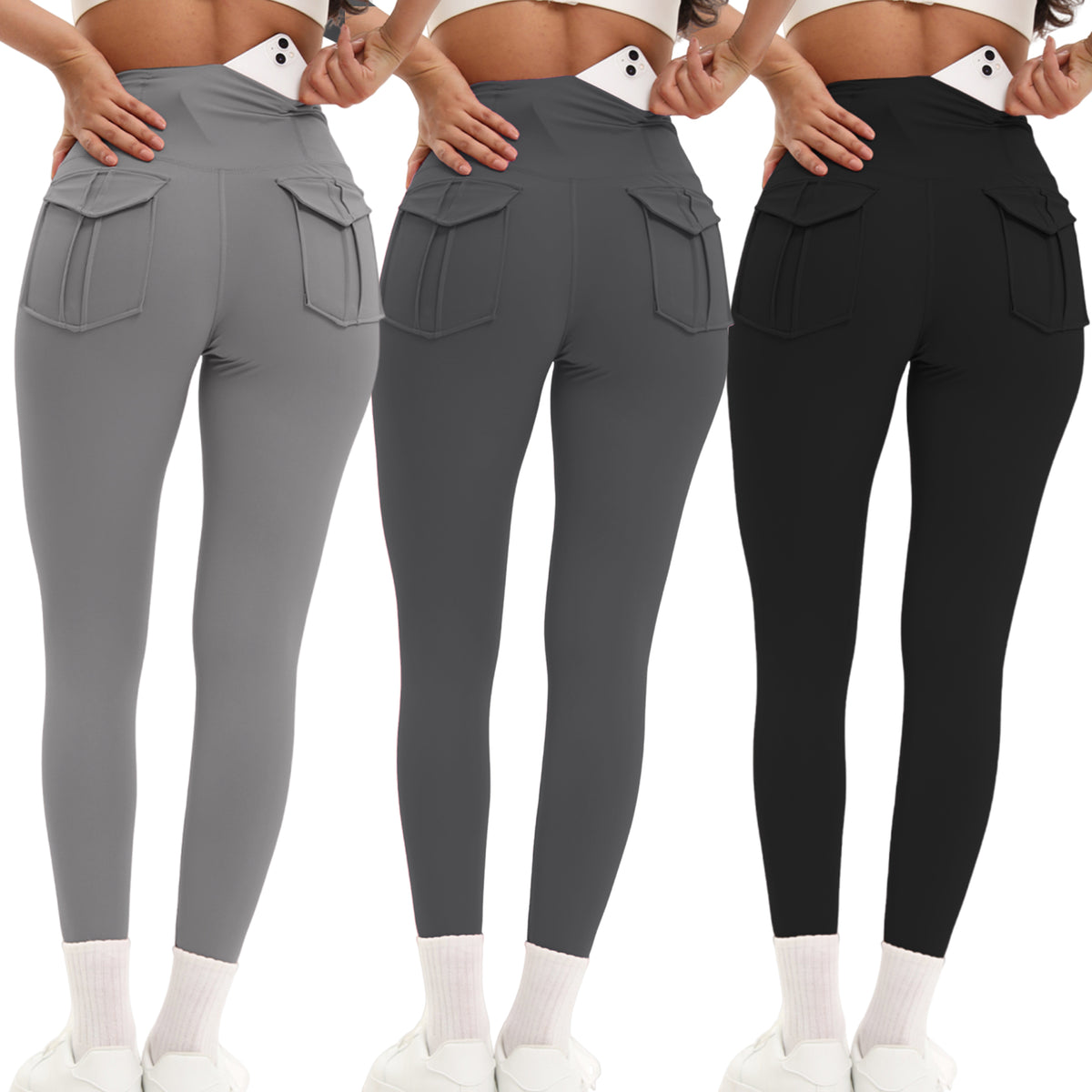 Shgiloo 3pcs/sets Workout Cargo Leggings with Pockets for Women Hidden Scrunch Butt Lifting Leggings Gym Yoga Pants