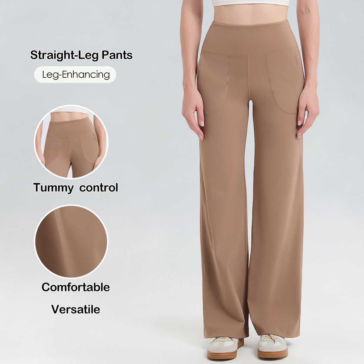 GOGOGEQ High Waist Wide Leg Yoga Pants With Side Pockets, Stretch Straight Workout Trousers For Yoga Gym Travel Daily