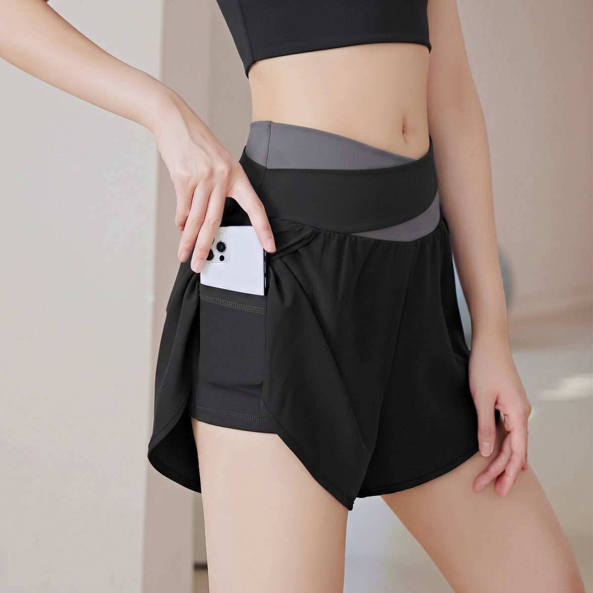 RAIDADA Cross Waist Color Block Athletic Shorts, 2 In 1 High Waist Workout Skort For Women, For Yoga Gym Running Training