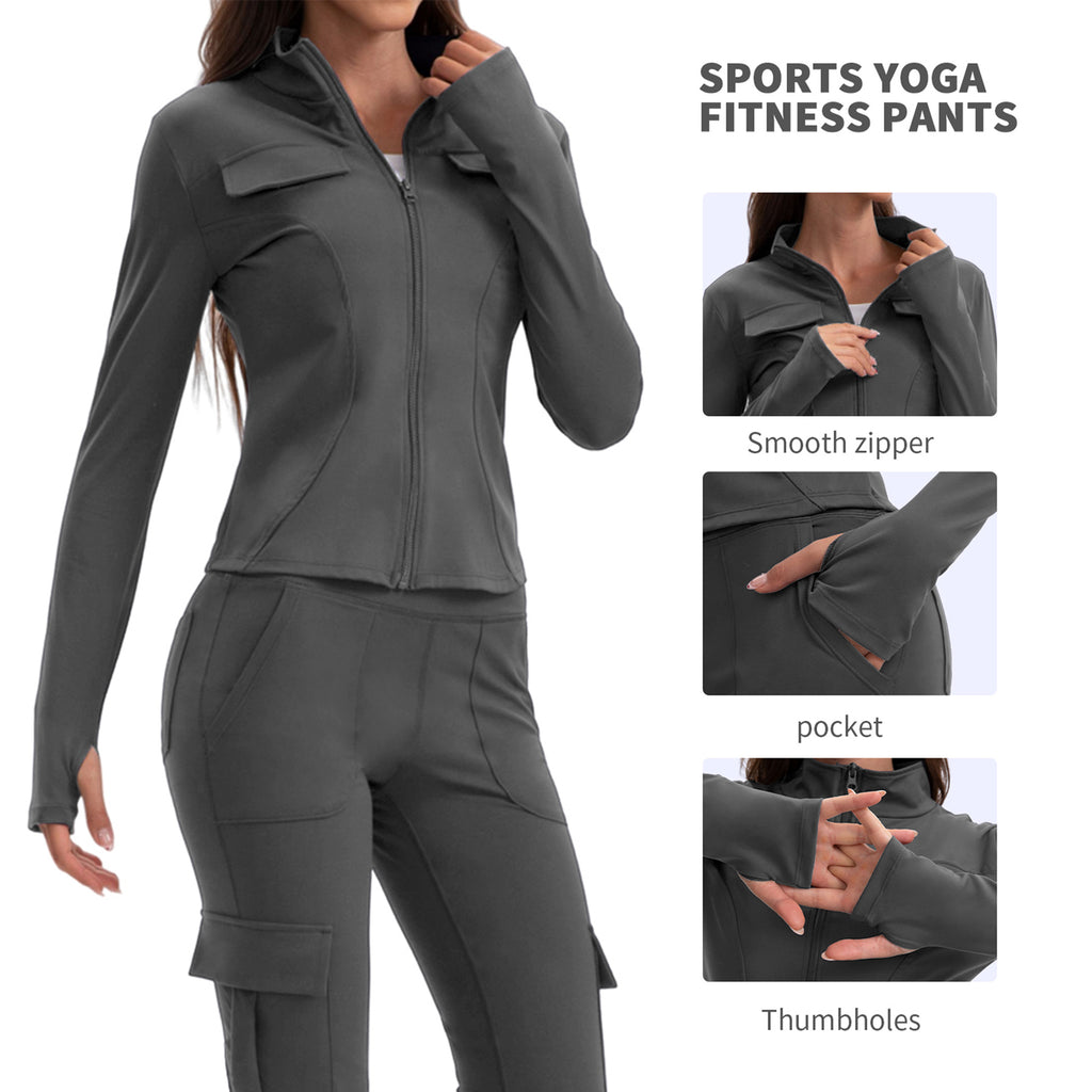 GOGOGEQ Full Zip Stand Collar Workout Jacket With Thumbholes, Pocket Slim Athletic Top For Yoga Gym Running Hiking