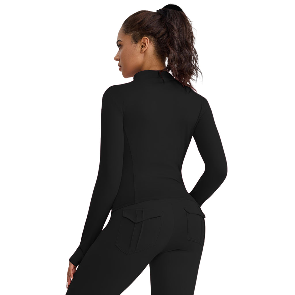 BUBUCAFT Full Zip Mock Neck Workout Jacket For Women, Slim Fit Long Sleeve Athletic Top With Thumbholes For Yoga Gym Running