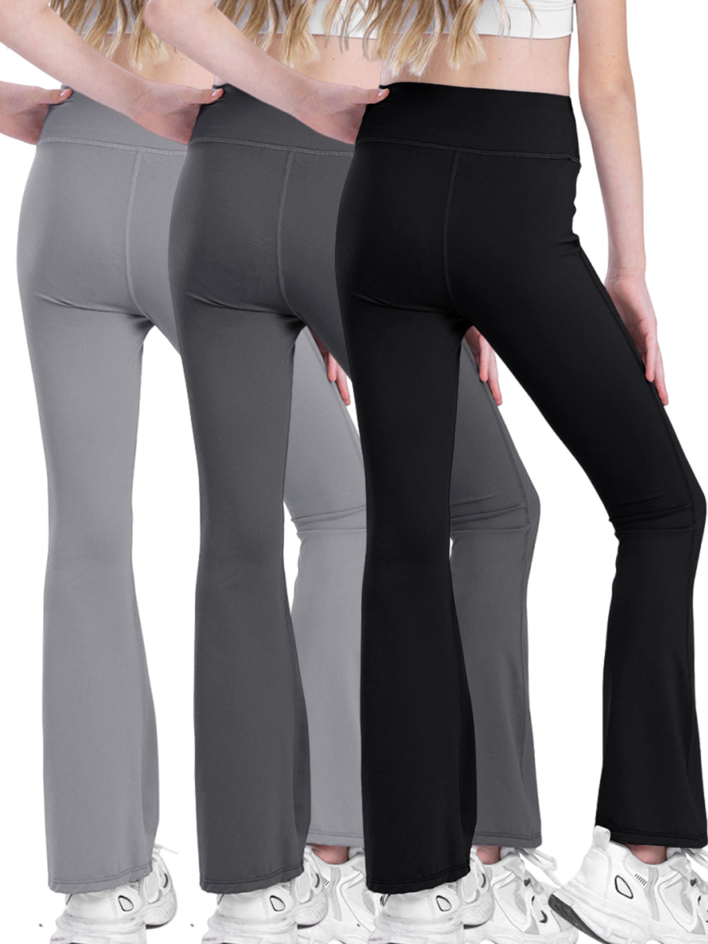 Shgiloo Girls High Waisted Flare Leggings - 3-Pack Kids Bell Bottom Yoga Pants, Stretchy Dance Athletic Trousers