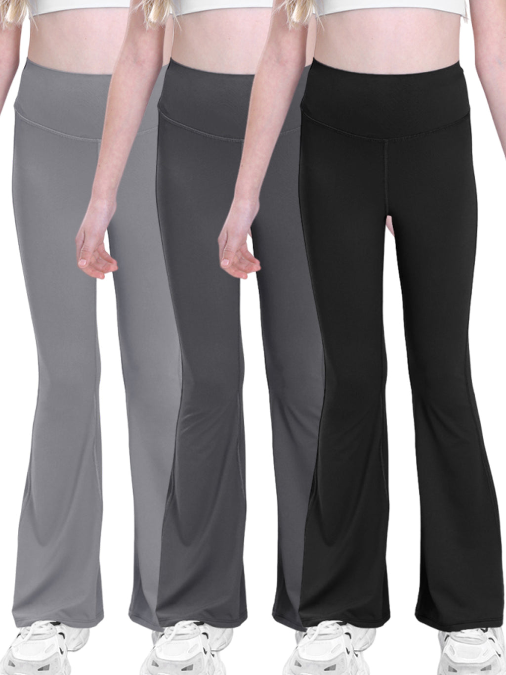 Shgiloo Girls High Waisted Flare Leggings - 3-Pack Kids Bell Bottom Yoga Pants, Stretchy Dance Athletic Trousers