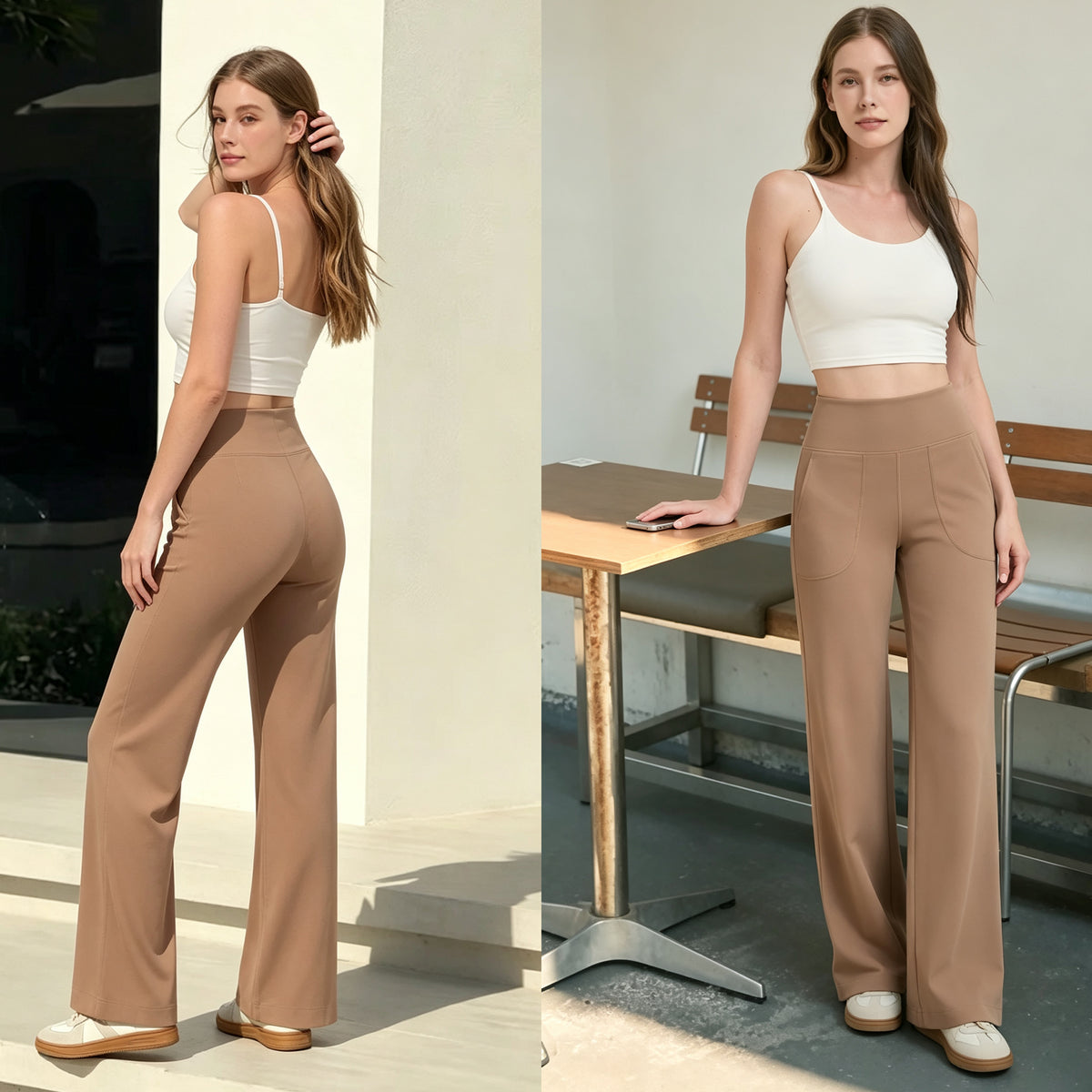 GOGOGEQ High Waist Wide Leg Yoga Pants With Side Pockets, Stretch Straight Workout Trousers For Yoga Gym Travel Daily