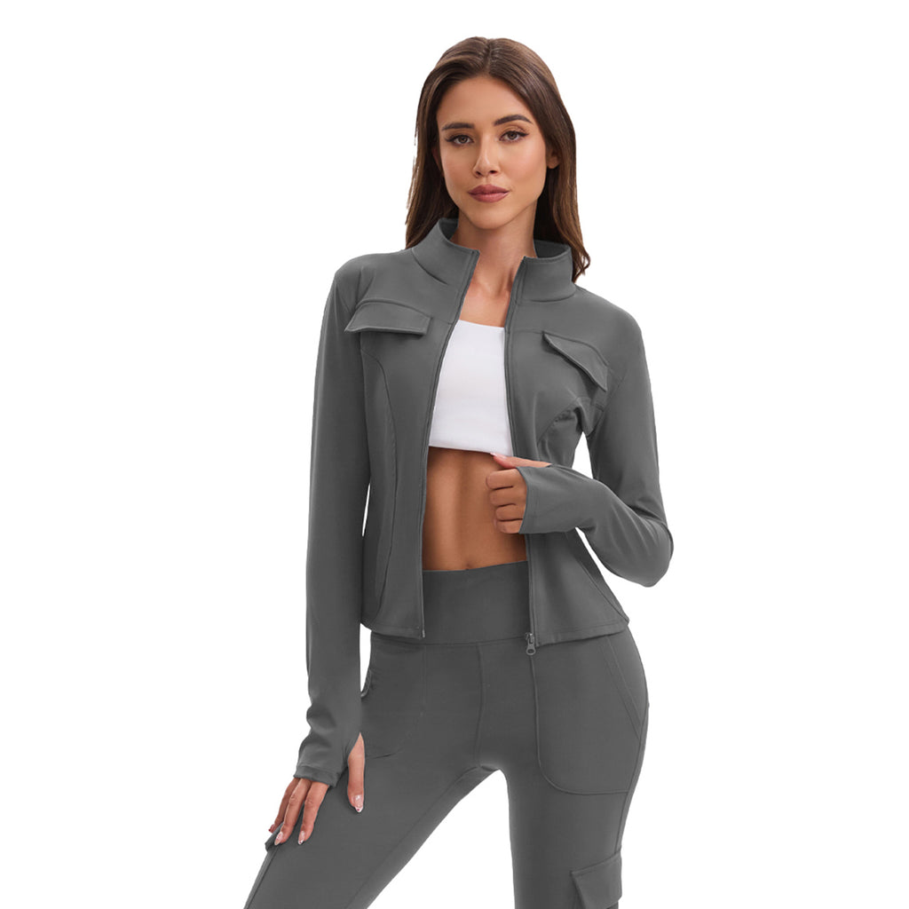 GOGOGEQ Full Zip Stand Collar Workout Jacket With Thumbholes, Pocket Slim Athletic Top For Yoga Gym Running Hiking