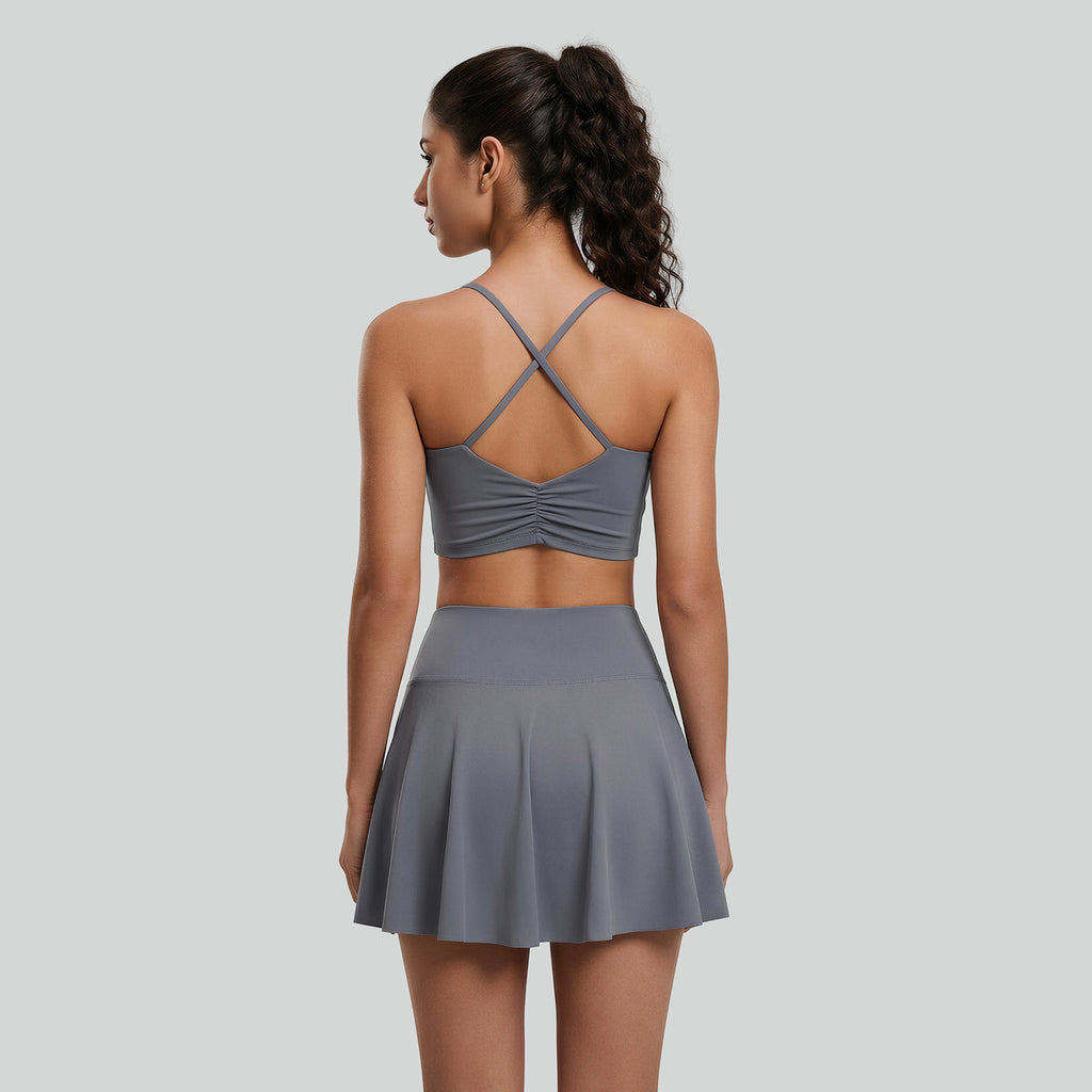 BUBUCAFT Criss Cross Back Sports Crop Top For Women, Ruched Back Spaghetti Strap Workout Tank With Built In Bra For Yoga Tennis Gym