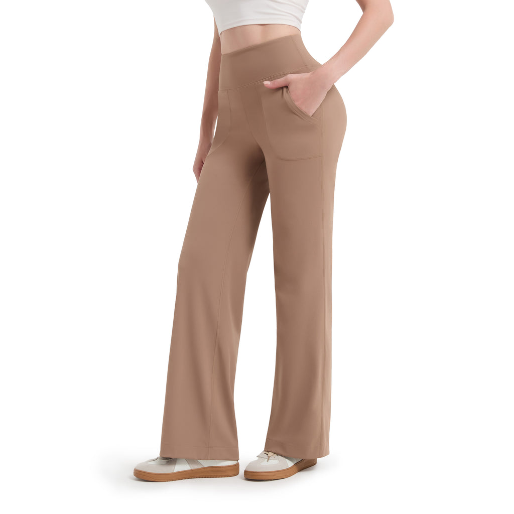 GOGOGEQ High Waist Wide Leg Yoga Pants With Side Pockets, Stretch Straight Workout Trousers For Yoga Gym Travel Daily