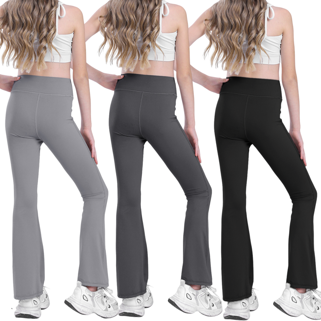 Shgiloo Girls High Waisted Flare Leggings - 3-Pack Kids Bell Bottom Yoga Pants, Stretchy Dance Athletic Trousers