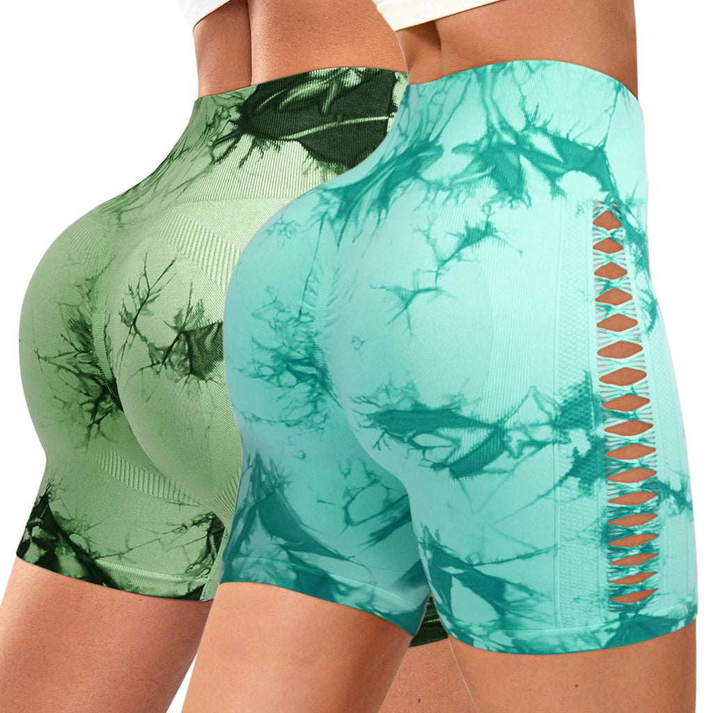 BUBUCAFT Tie Dye Cutout Biker Shorts For Women, High Waist Seamless Workout Cycling Shorts For Gym Yoga Running