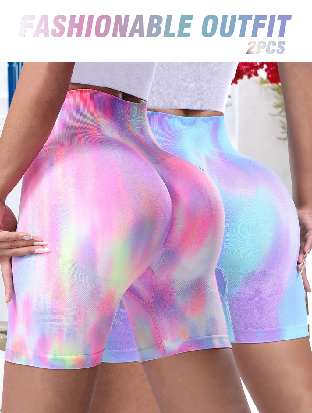Shgiloo 2Pcs Seamless Tie Dye Yoga Shorts Set for Women - Scrunch Butt Lifting Biker Shorts, High Waisted Gym Workout 2-Set Activewear
